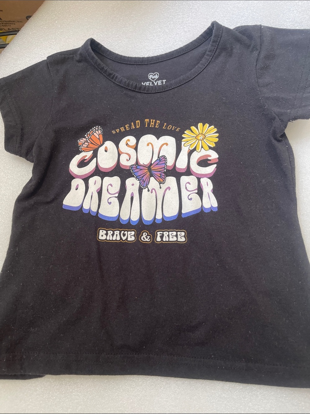 Velvet Black 'Cosmic Dreamer' Graphic Tee with Colorful Butterflies. Size 6x